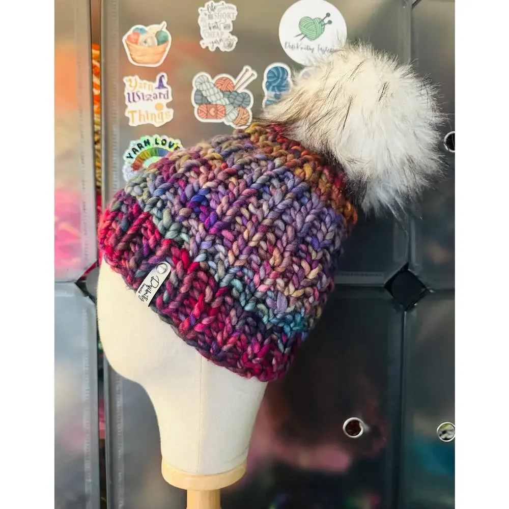 Hand Knit Scrappy Merino Wool Beanie: DefiKnitly Tasteful Knit Hat with Faux Fur
